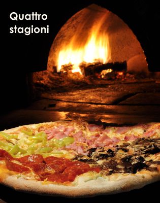 Pizza Quattro stagioni právě vytažená z pece.